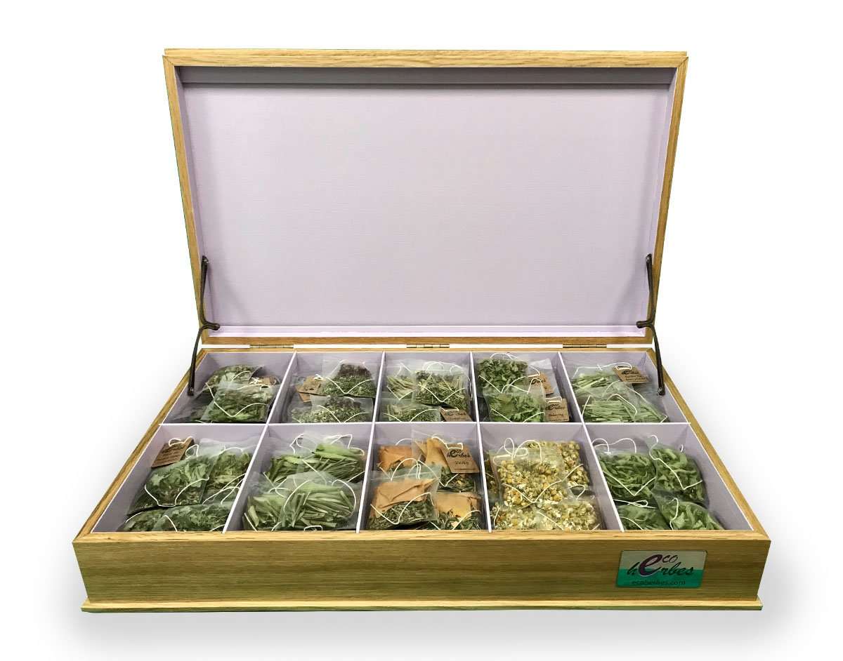 Caixa de luxe marca Ecoherbes, de fusta de roure, amb 10 tipus, total 40 infusions i 40 Tes.